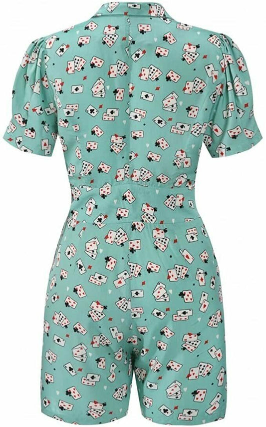 Poker Lindy Bop 'Beaujolie' Green Playing Cards Playsuit Size 8