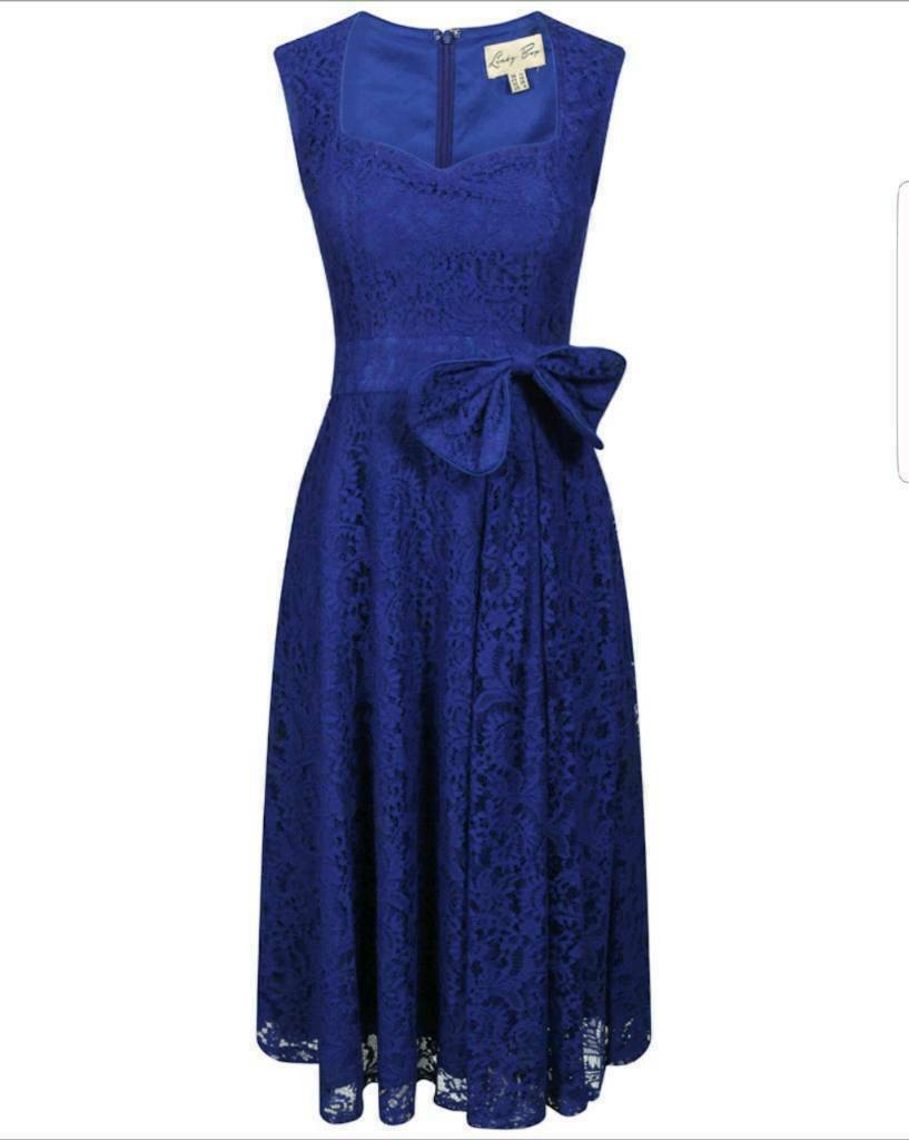 Lindy Bop Christmas Party Grace Lace Royal Blue Bow Dress