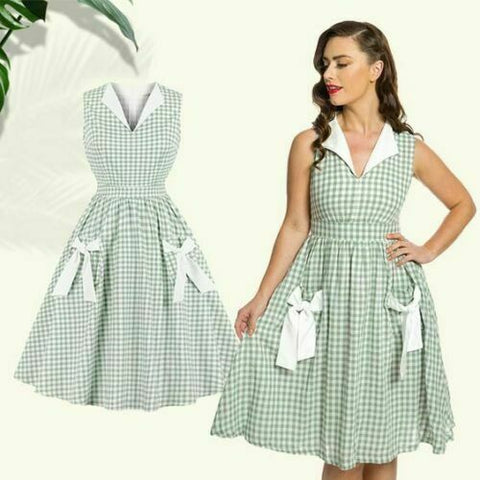 New Lindy Bop Joanne Sage Gingham Check Vintage Retro Summer Pleat 1940s Dress