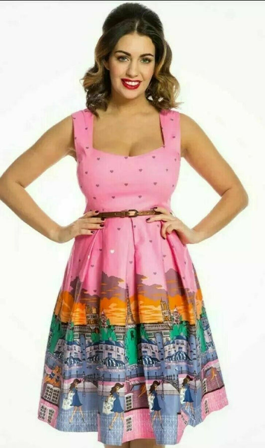 Lindy Bop "Nellie" Pink Paris Print Swing Fit and flare Dress