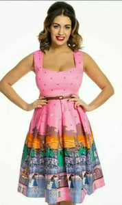 BNWT Lindy Bop "Nellie" Pink Paris Print Swing Fit and flare Dress
