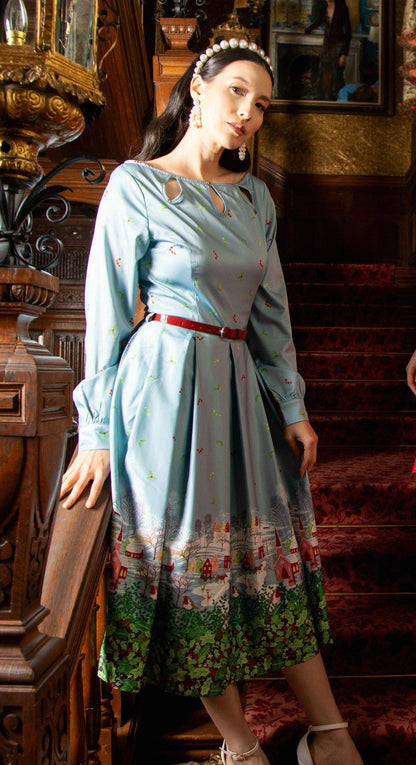Lindy Bop Laurel - Blue Holly and Ivy Print Midi Dress - HerSecretCloset.co.uk