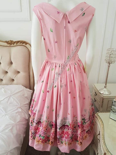 Lindy Bop Ophelia Pink Floral Border Print Swing Dress - HerSecretCloset.co.uk