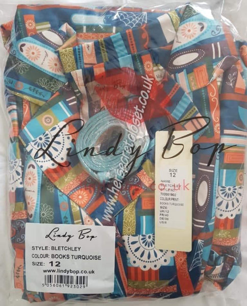 Lindy Bop Bletchley Book Print Turquoise Shirt Swing Dress - HerSecretCloset.co.uk
