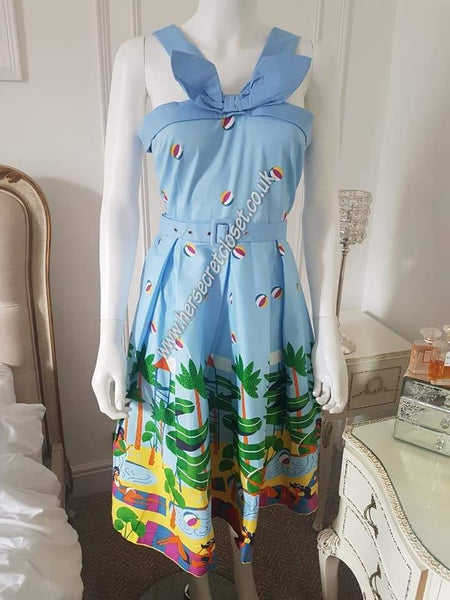 Lindy Bop Bailee Light Blue Waterpark Print Swing Dress - HerSecretCloset.co.uk