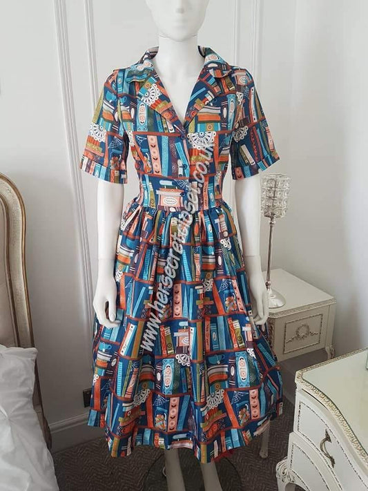 Lindy Bop Bletchley Book Print Turquoise Shirt Swing Dress - HerSecretCloset.co.uk
