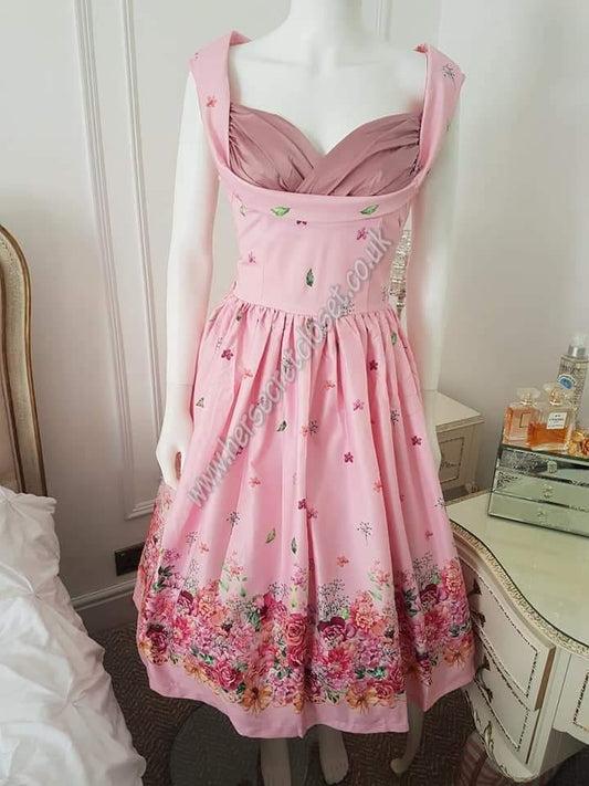 Lindy Bop Ophelia Pink Floral Border Print Swing Dress - HerSecretCloset.co.uk
