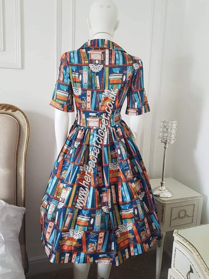 Lindy Bop Bletchley Book Print Turquoise Shirt Swing Dress - HerSecretCloset.co.uk