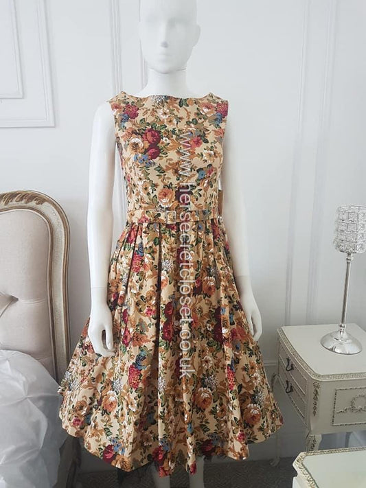 Lindy Bop Audrey Beige Floral Swing Dress - HerSecretCloset.co.uk