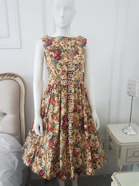 Lindy Bop Audrey Beige Floral Swing Dress - HerSecretCloset.co.uk