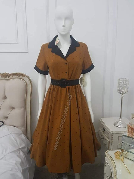 Lindy Bop Bletchley Mustard Polka Dot Vintage Style Shirt Dress - HerSecretCloset.co.uk