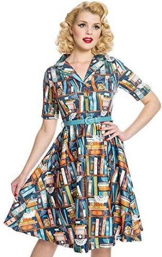 Lindy Bop Bletchley Book Print Turquoise Shirt Swing Dress - HerSecretCloset.co.uk