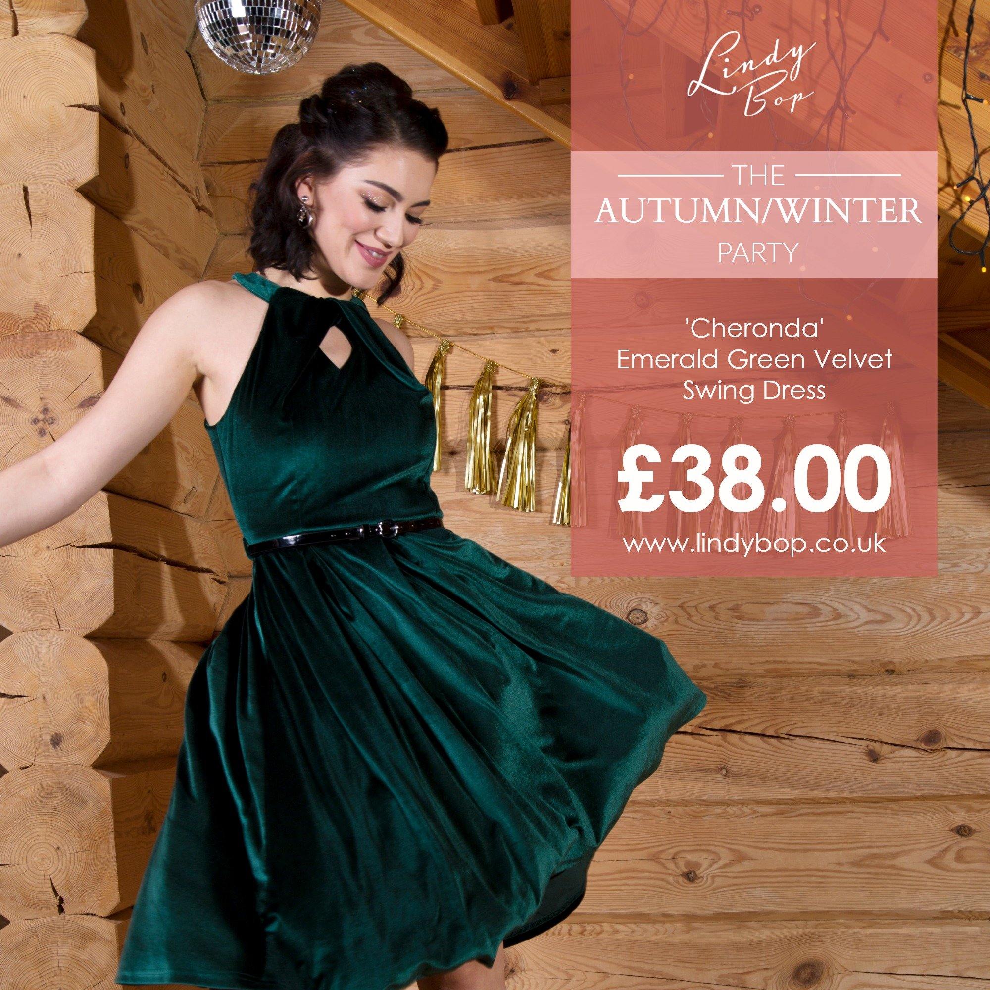 Lindy Bop Cheronda Emerald Velvet Swing Dress - HerSecretCloset.co.uk