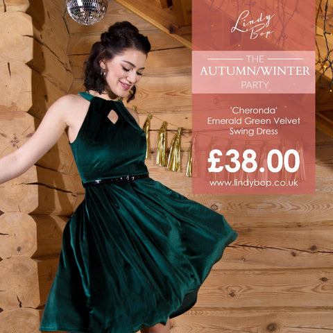 Lindy Bop Cheronda Emerald Velvet Swing Dress - HerSecretCloset.co.uk