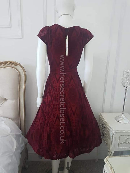 Lindy Bop Vintage Dawn Burgundy Devore Velvet Swing Dress Rare - HerSecretCloset.co.uk