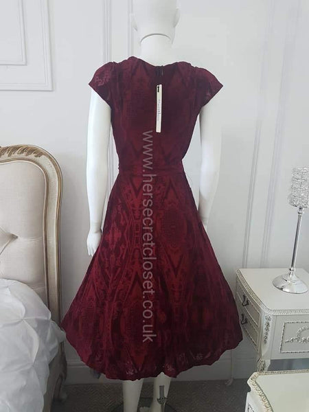Lindy Bop Vintage Dawn Burgundy Devore Velvet Swing Dress Rare - HerSecretCloset.co.uk