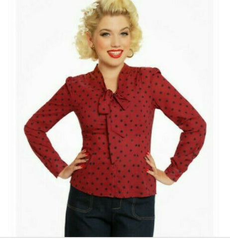 Lindy Bop Fallon Scarlet Polka Dot Red Blouse with Tie Neck