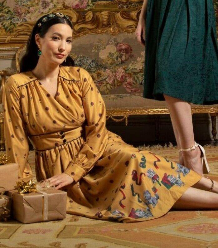 Lindy Bop Kara Mustard Kittens Dress With Inseam Pockets - HerSecretCloset.co.uk