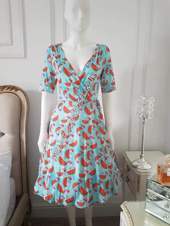 Lindy Bop Anita Blue Watermelon Whales Wrap Dress - HerSecretCloset.co.uk
