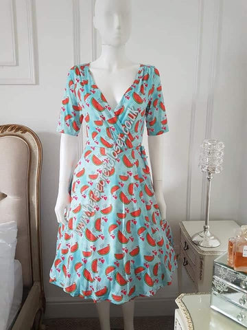 Lindy Bop Anita Blue Watermelon Whales Wrap Dress - HerSecretCloset.co.uk