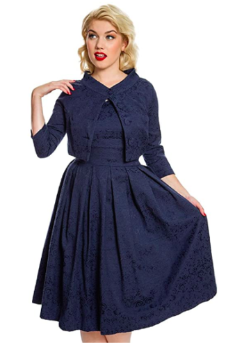 Lindy Bop Marianne Navy Blue Brocade Swing Dress with matching Bolero jacket - HerSecretCloset.co.uk