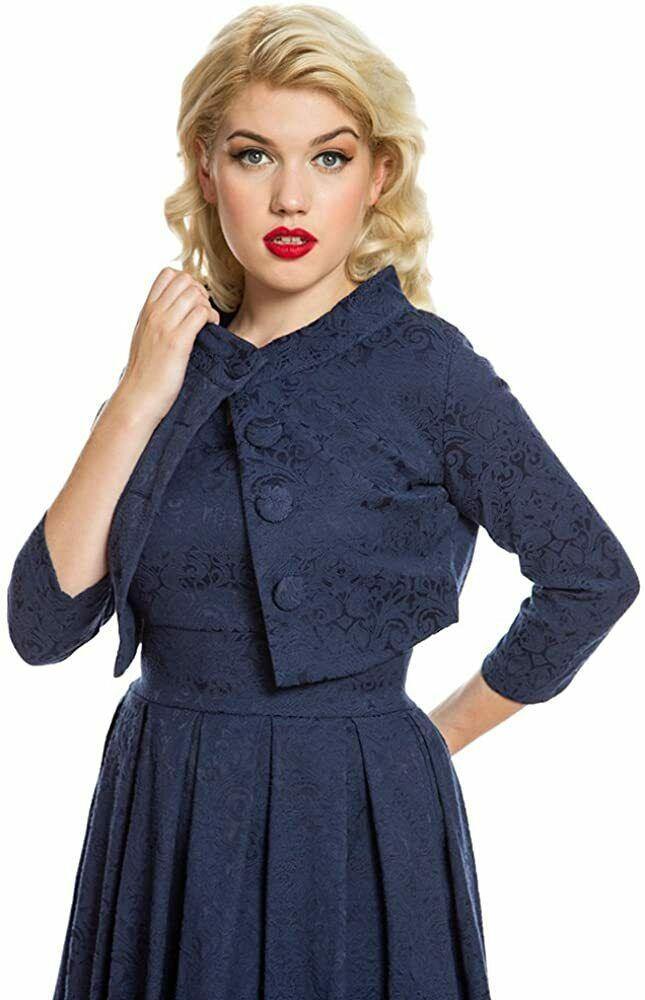 Lindy Bop Marianne Navy Blue Brocade Swing Dress with matching Bolero jacket - HerSecretCloset.co.uk