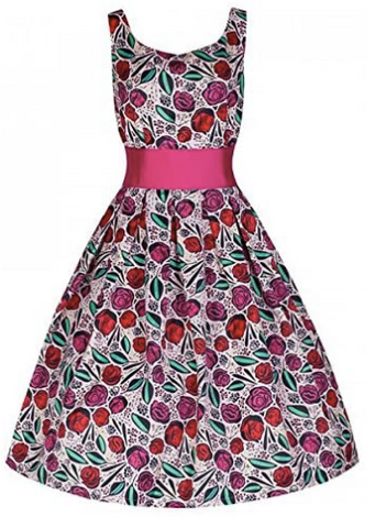 Lindy Bop 'Lana' Pink Spanish Rose 1950's Dress With Waist Belt - HerSecretCloset.co.uk