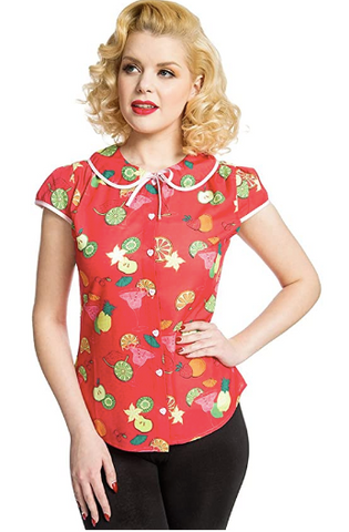Lindy Bop Tracey Red Mae Red Fruit Cocktail Print Shirt - HerSecretCloset.co.uk