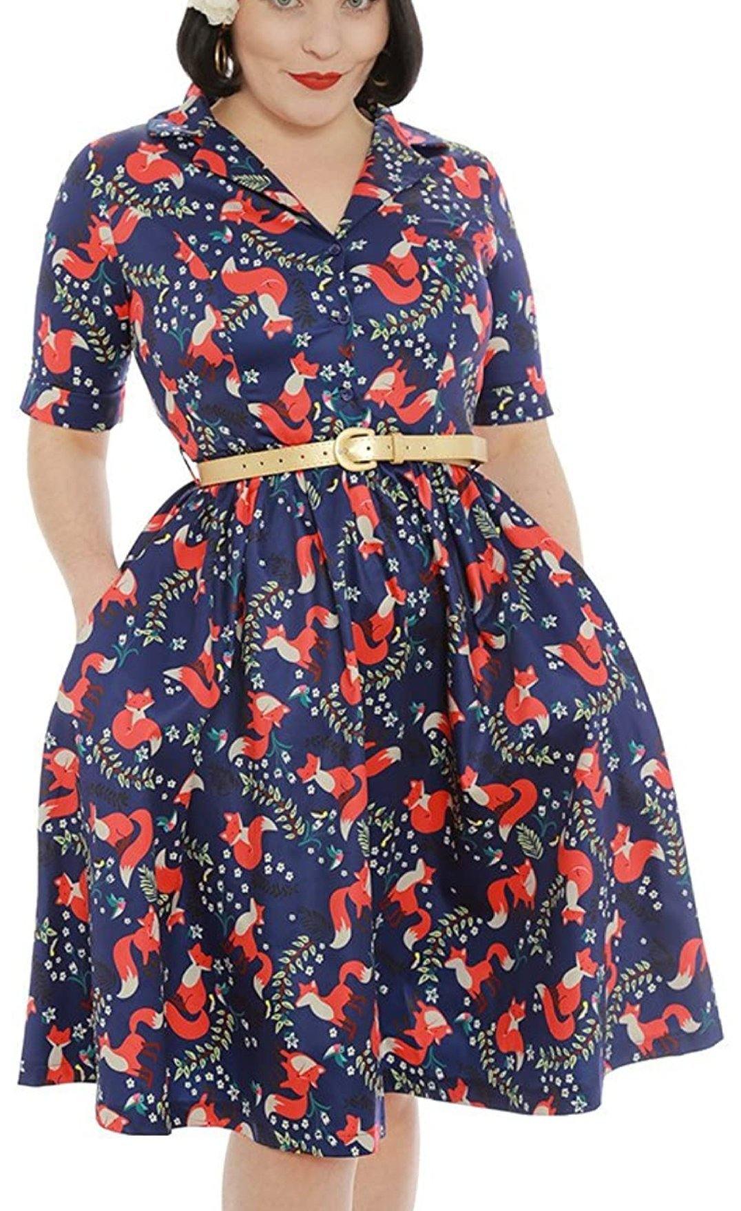 Lindy Bop Bletchley Indigo Foxprint Swing Dress - HerSecretCloset.co.uk