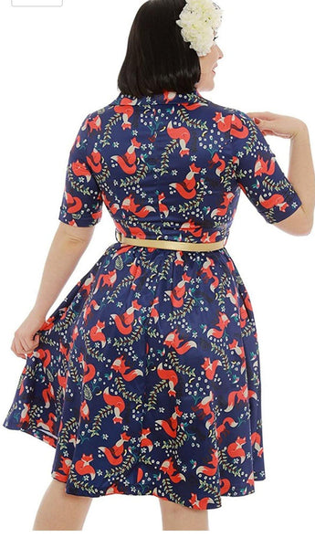 Lindy Bop Bletchley Indigo Foxprint Swing Dress - HerSecretCloset.co.uk