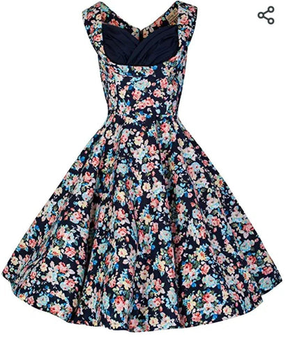Lindy Bop 'Ophelia' Vintage 1950's Dark Blue Floral Spring Garden Party Picnic Dress - HerSecretCloset.co.uk
