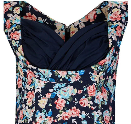 Lindy Bop 'Ophelia' Vintage 1950's Dark Blue Floral Spring Garden Party Picnic Dress - HerSecretCloset.co.uk