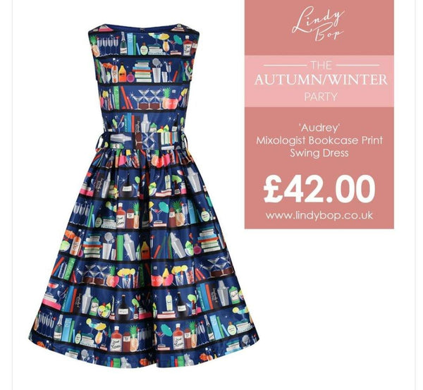 Lindy Bop Audrey Mixologist Bookcase Print Swing Dress - HerSecretCloset.co.uk
