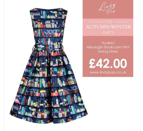 Lindy Bop Audrey Mixologist Bookcase Print Swing Dress - HerSecretCloset.co.uk