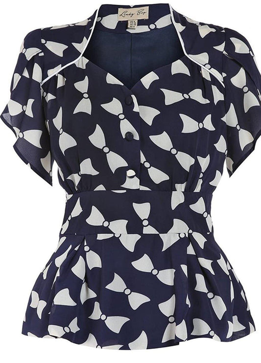 Lindy Bop Angel Bow Print Navy Blouse Classic Vintage Inspired - HerSecretCloset.co.uk