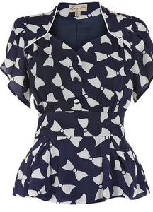 Lindy Bop Angel Bow Print Navy Blouse Classic Vintage Inspired - HerSecretCloset.co.uk