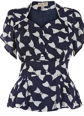 Lindy Bop Angel Bow Print Navy Blouse Classic Vintage Inspired - HerSecretCloset.co.uk