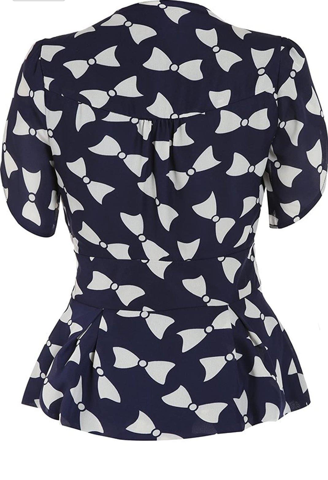 Lindy Bop Angel Bow Print Navy Blouse Classic Vintage Inspired - HerSecretCloset.co.uk