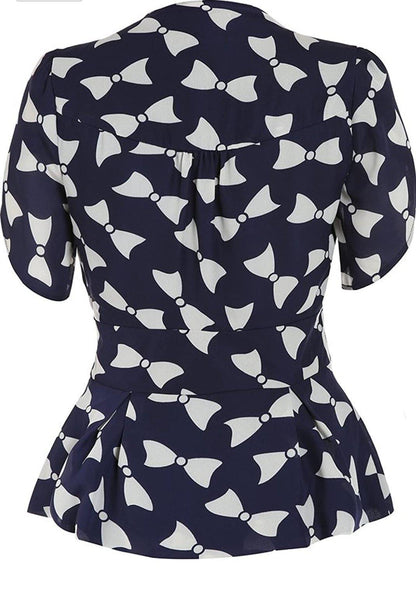 Lindy Bop Angel Bow Print Navy Blouse Classic Vintage Inspired - HerSecretCloset.co.uk