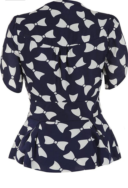 Lindy Bop Angel Bow Print Navy Blouse Classic Vintage Inspired - HerSecretCloset.co.uk