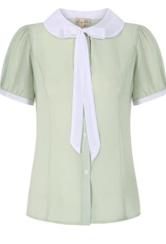 Lindy Bop Damson Eau De Nil Green Vintage Inspired Blouse - HerSecretCloset.co.uk