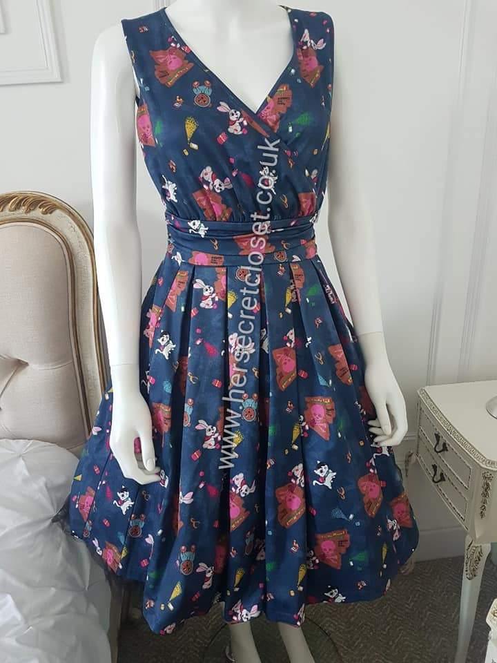 Lindy Bop Sofia Teal Blue Animal Graffiti - RARE Wrap Dress - HerSecretCloset.co.uk
