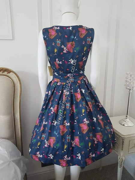 Lindy Bop Sofia Teal Blue Animal Graffiti - RARE Wrap Dress - HerSecretCloset.co.uk