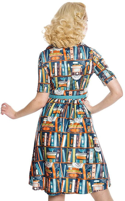 Lindy Bop Bletchley Book Print Turquoise Shirt Swing Dress - HerSecretCloset.co.uk