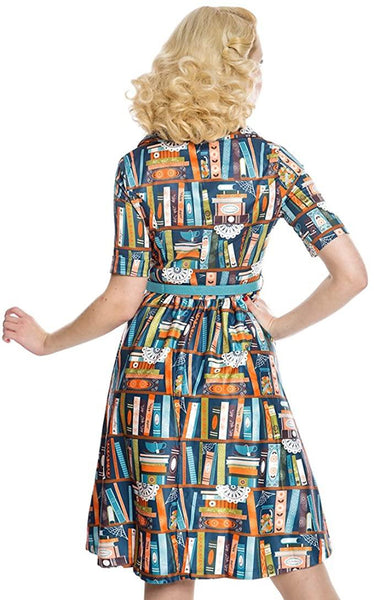 Lindy Bop Bletchley Book Print Turquoise Shirt Swing Dress - HerSecretCloset.co.uk