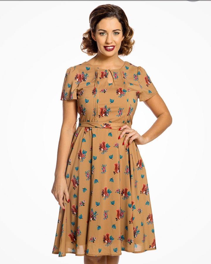 Lindy Bop 'Bretta' Mustard Squirrel Print Tea Dress - HerSecretCloset.co.uk