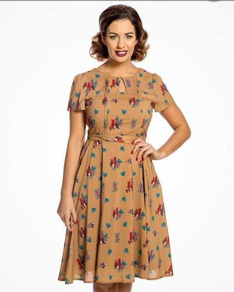 Lindy Bop 'Bretta' Mustard Squirrel Print Tea Dress - HerSecretCloset.co.uk