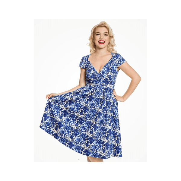 Lindy Bop Magnolia Blue Watercolour Floral Swing Dress