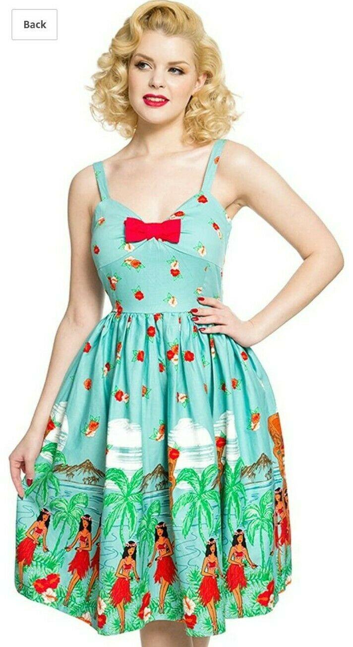 Lindy Bop Summer Misty Blue Tiki Print Swing Dress - HerSecretCloset.co.uk