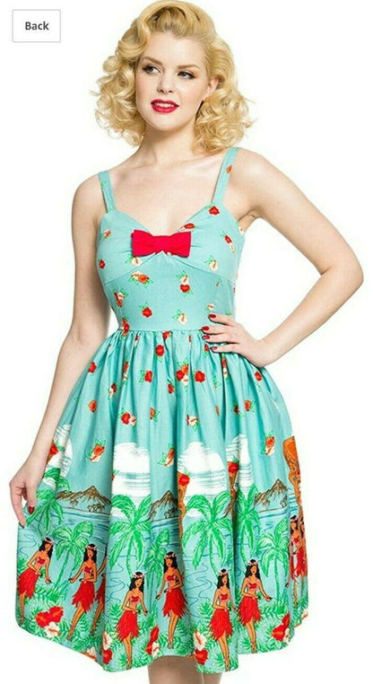 Lindy Bop Summer Misty Blue Tiki Print Swing Dress - HerSecretCloset.co.uk